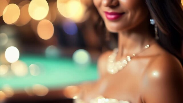 Close-up of elegant woman in sequin dress with diamond necklace at glamorous event