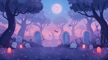 Spooky graveyard, misty night, glowing lanterns, Halloween ambiance, Watercolor style