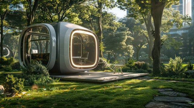 futuristic pod office in the heart of a city park, with advanced ergonomics and immersive digital interfaces