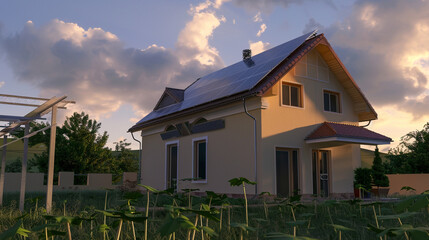 A modern house equipped with solar panels on the roof, showcasing sustainable living and renewable energy integration in residential architecture. 