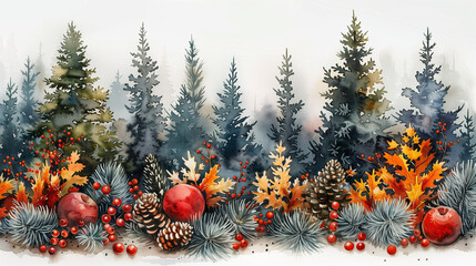 Festive Christmas watercolor background card, Christmas ornaments, Christmas tree branches background, Watercolor style, joyful atmosphere, illustration, wallpaper, backdrop, Christmas card background