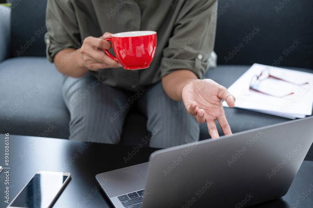 Wall mural businesswoman sitting at desk on couch in workplace or at home working on laptop and analyzing data 