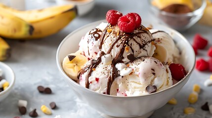 Banana split ice cream with bananas and toppings 