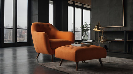 Isolated orange modern lounge armchair, home interior 