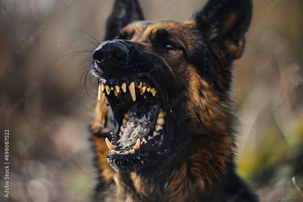 Wall mural aggressive dog shows dangerous teeth. german sheperd attack head detail.