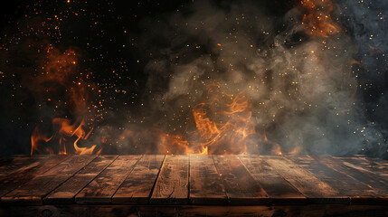 Blank wooden table with fire burning at the edge of the table, fire sparks and smoke with flames on a dark background to display products