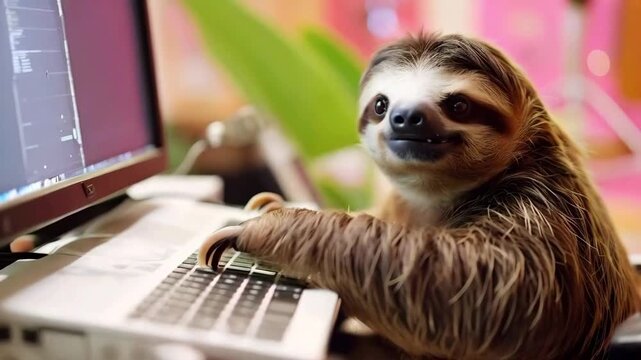 A cute sloth working slowly at the computer, its gentle movements and relaxed demeanor creating an adorable and amusing scene