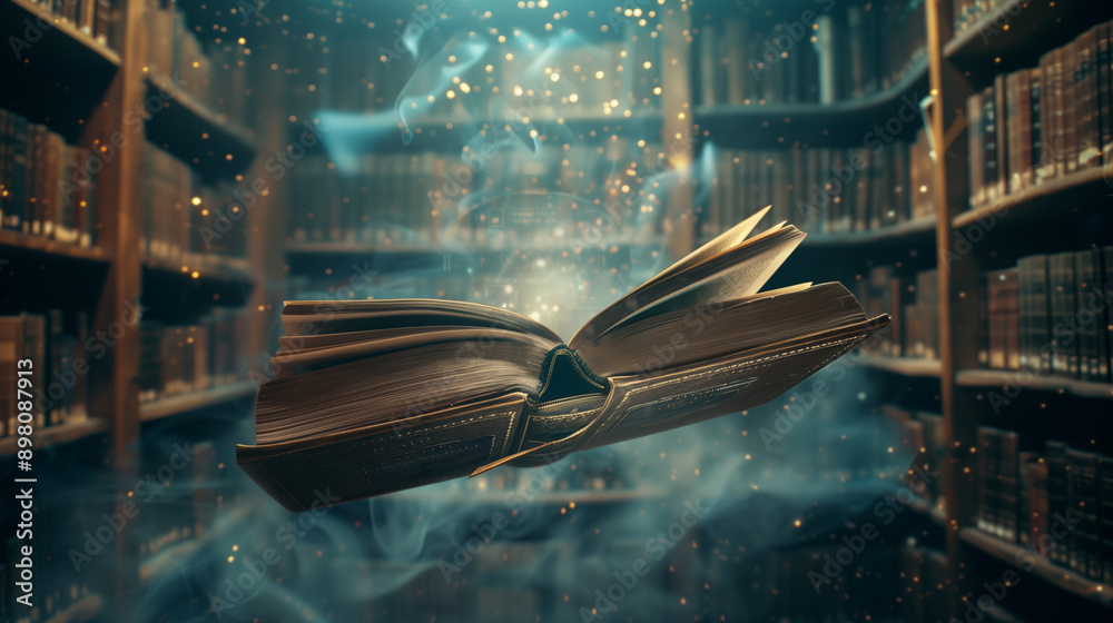Aufkleber A book floating in an ethereal library pages filled with ancient knowledge and future predictions, fantasy and magic
