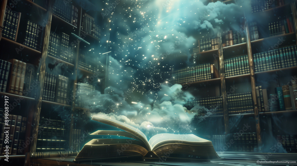 Poster A book floating in an ethereal library pages filled with ancient knowledge and future predictions, fantasy and magic