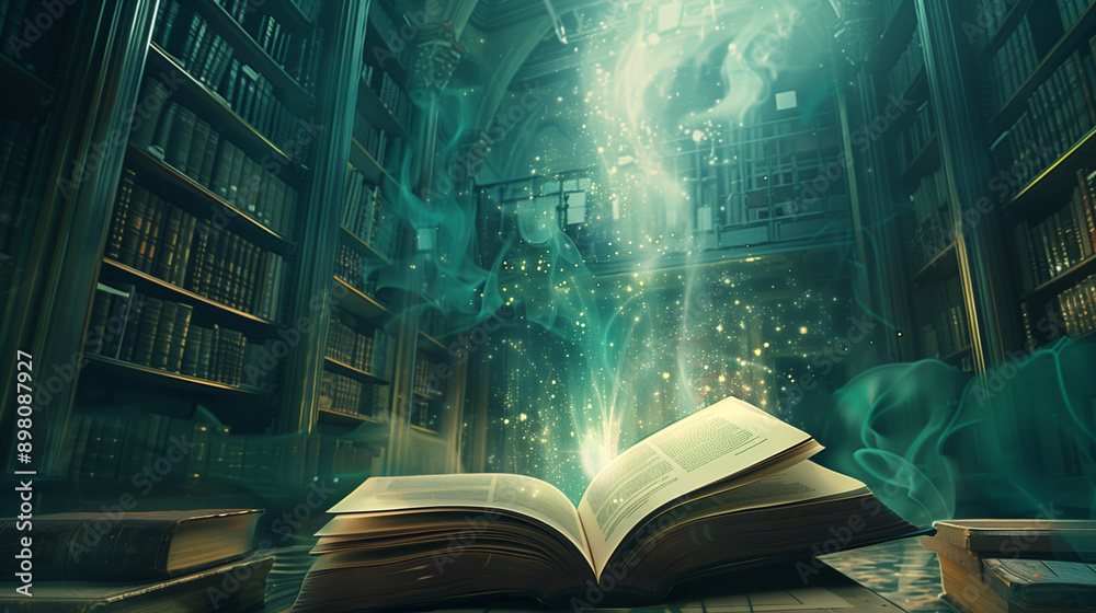 Fototapete a book floating in an ethereal library pages filled with ancient knowledge and future predictions, f