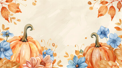 Watercolor autumn background with pumpkins