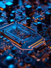 A microchip resembling a city map represents technological urban planning by integrating circuit pathways and components into a city-like layout.