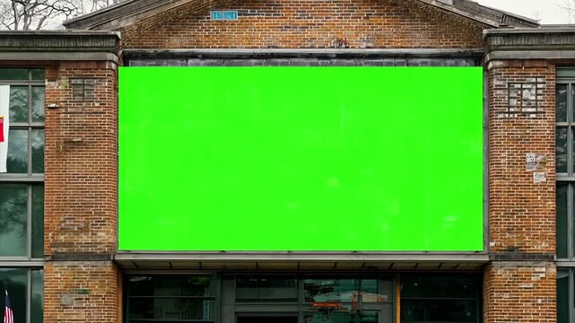 Zooming in on a vintage storefront in the midwest in the 1990's where the sign for the store is a large chroma key green screen.