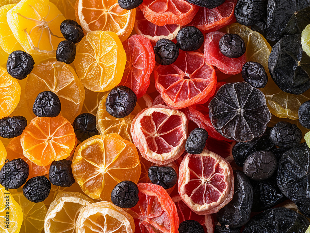 Poster Dried Citrus Fruit Slices and Black Berries Close Up