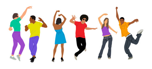 Set of young happy dancing people, male and female dancers. Girls and guys enjoying dance party. Colorful vector illustration in flat cartoon style isolated on transparent background.