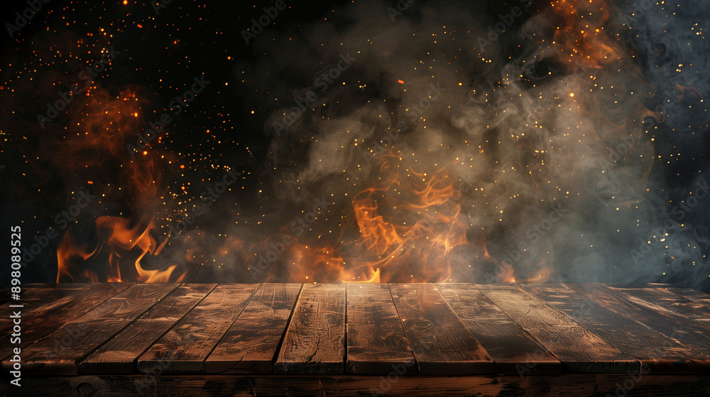Poster blank wooden table with fire burning at the edge of the table, fire sparks and smoke with flames on 