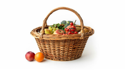 A basket for carrying food and other items on a picnic, photographed against a white background.