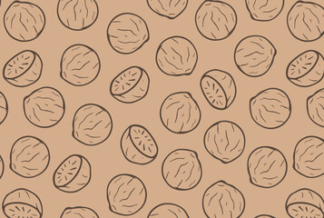 Nutmeg seamless pattern. Aromatic spice. Beige vector background. Hand drawn seeds wallpaper.  