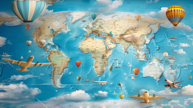 Fototapeta 3d wallpaper world map design with planes hot air balloons on sky background for kids 