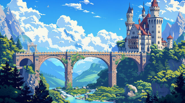 Colorful 16-bit pixel art castle perched atop an arch bridge with a scenic backdrop