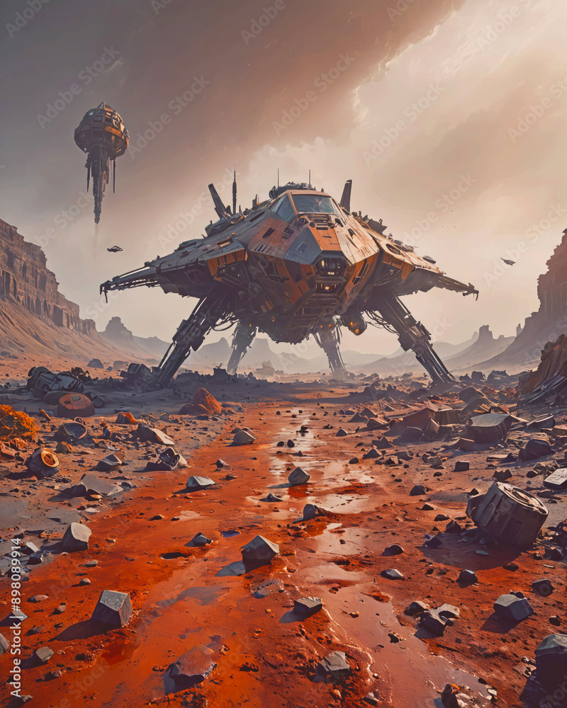 Wall mural a small spaceship at rest on land in a copper-colored stream against a moody dusty sky with smaller 