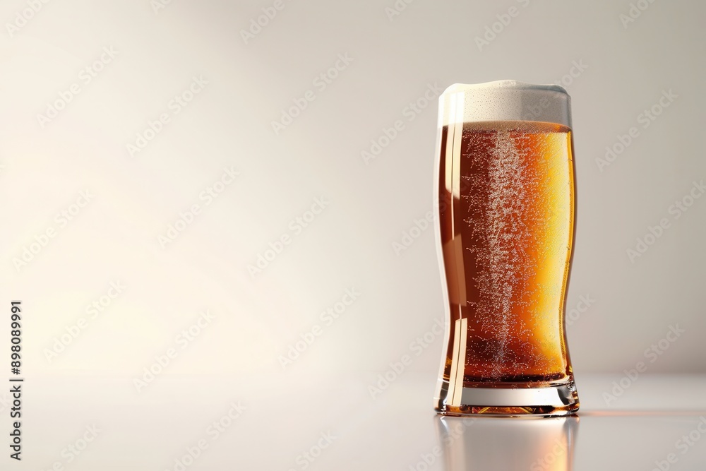 Poster a single glass of beer with a white head sits on a white surface, reflecting light. generative ai