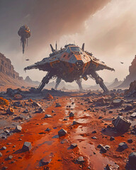 A small spaceship at rest on land in a copper-colored stream against a moody dusty sky with smaller spacecraft hovering