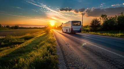 A bus drives down a paved road in the countryside as the sun sets.