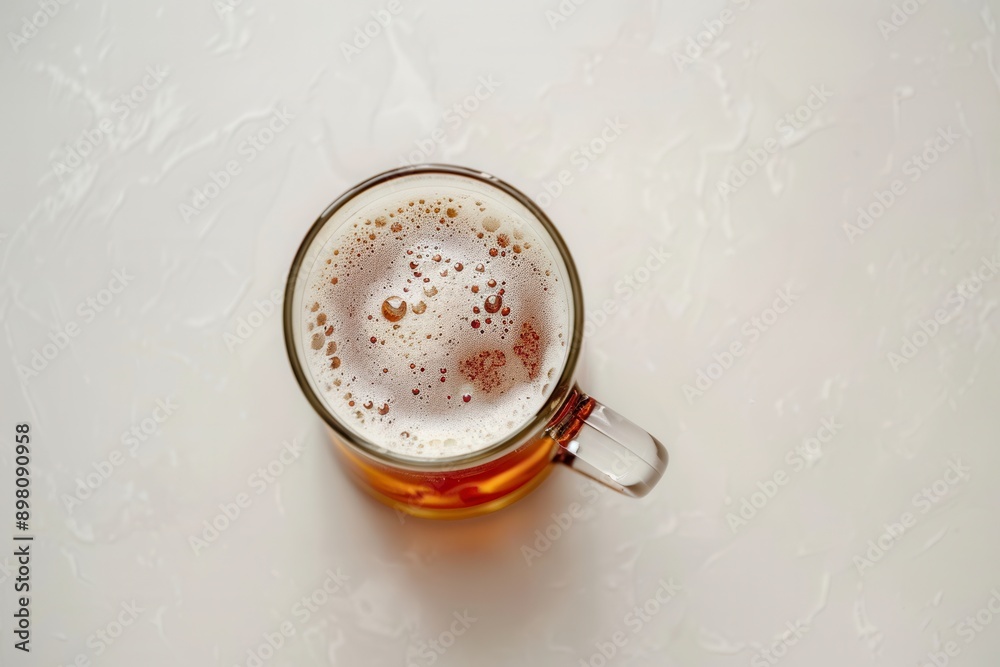 Poster a glass mug filled with beer, featuring a thick layer of foam, sits on a white surface. generative a