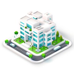 Futuristic Isometric View of Detailed Modern Clinic Building on White Background, Vector Illustration, Generative Ai