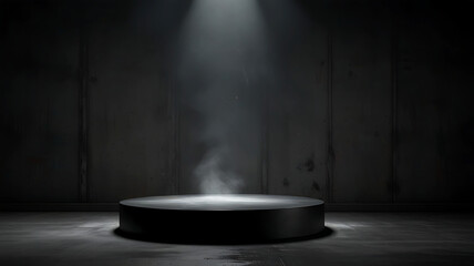 Illuminated Podium Highlight: On a shadowy stage, the circular podium is bathed in bright light, piercing the darkness, with mist subtly swirling at the base, creating an ideal atmosphere