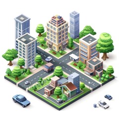 Futuristic Isometric Cityscape with Detailed Buildings and Modern Car on White Background, Vector Illustration, Generative Ai