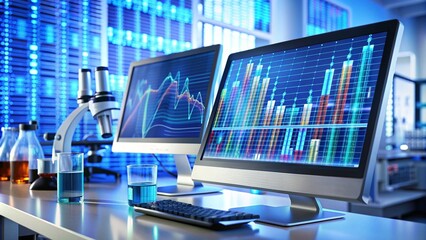 A close-up of a geneticist's workstation, with DNA sequencing data displayed on a computer screen and various lab equipment scattered around.