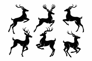 Deer silhouettes set vector illustration, black deer silhouette icon bundle

