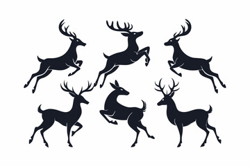 Deer silhouettes set vector illustration, black deer silhouette icon bundle

