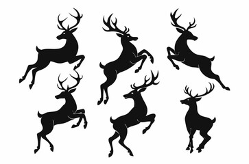 Deer silhouettes set vector illustration, black deer silhouette icon bundle

