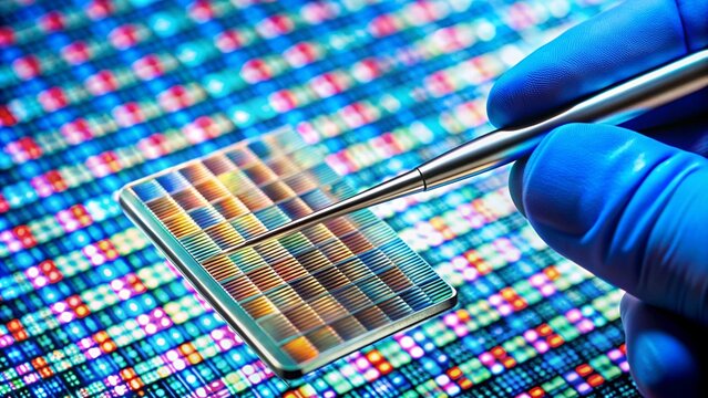 A detailed photo of a DNA microarray chip, used for genetic testing and research, with a scientist's hand manipulating the chip with tweezers.