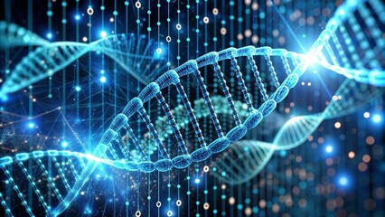 A dynamic photo of a DNA double helix floating in a virtual space, surrounded by digital data streams and binary code, symbolizing bioinformatics.