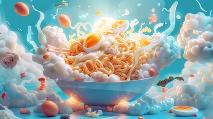 Enchanting Glow of Giant Ramen Bowl - Surreal Illustration with Floating Ingredients and Whimsical Lighting Sparking Snack Magic