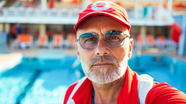 A mature man with a grey beard wearing a red hat and sunglasses looks at the camera near a pool on a cruise ship - Powered by Adobe