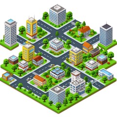 City Grid: Isometric Urban Layout in Ultra High Resolution with Buildings, Roads, and Cars, Isolated on White Background - Vector Illustration, Generative Ai