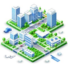 Detailed Isometric Urban Layout with Ultrahigh Resolution Buildings, Roads, and Cars Isolated on White Background - Vector Illustration, Generative Ai