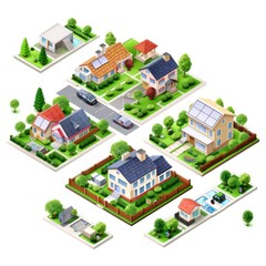 Modern Isometric Neighborhood with Ultrafine Structures and Roads, Car, Vector Illustration on White Background, Generative Ai