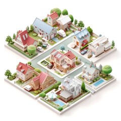 Modern Isometric Neighborhood with Detailed Roads and Car - High-Resolution Vector Illustration on White Background, Generative Ai