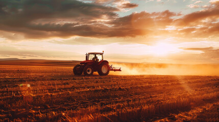 Fototapeta premium A farmer drives a tractor across a field as the sun sets.