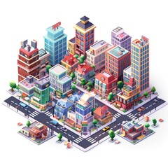 Dynamic Isometric Cityscape with Colorful Buildings and Roads Against White Background, Generative Ai