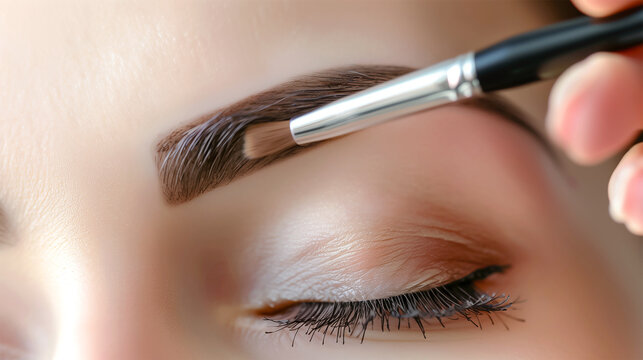 Close-up of female model woman having eyebrows grooming treatment using makeup brush, eyebrow tinting and lamination concept. Perfect Banner for cosmetics, beauty tutorials, & makeup brands