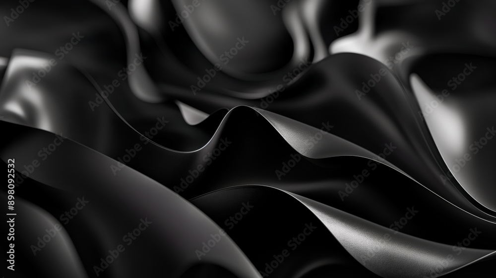 Poster Black abstract wavy glossy background. Black abstract forms high quality close up shadows and light. Minimalistic modern black abstract background pattern. Black curves texture background