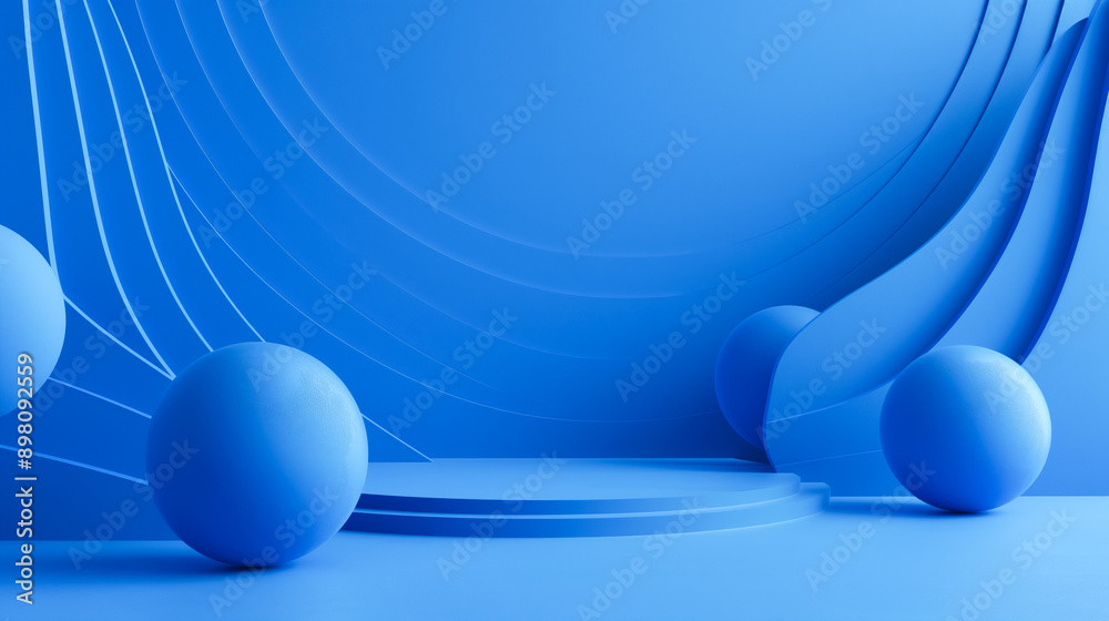 Poster Blue abstract forms copy space background, blue cylindric platform podium stage empty place room with round blue balls and wavy forms with soft light and highlights