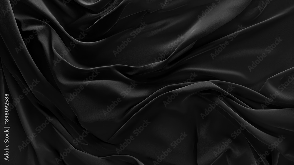 Poster high quality black fabric close up, silk or satin texture textile. Abstract black forms surface background. Dark abstract fabric texture curves wavy background with little soft highlights
